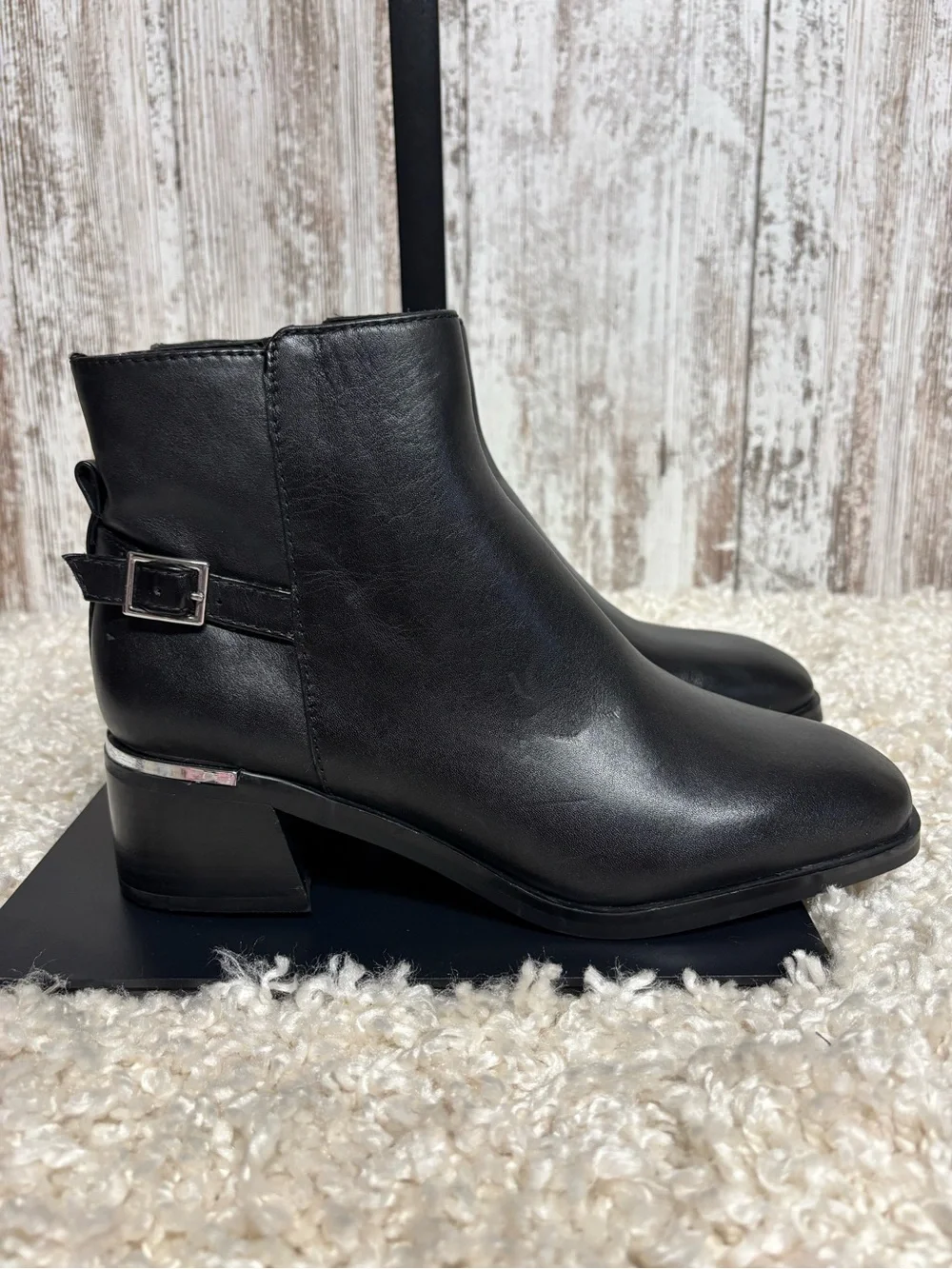 Aldo Black Ankle Booties with Silver Buckle Accent